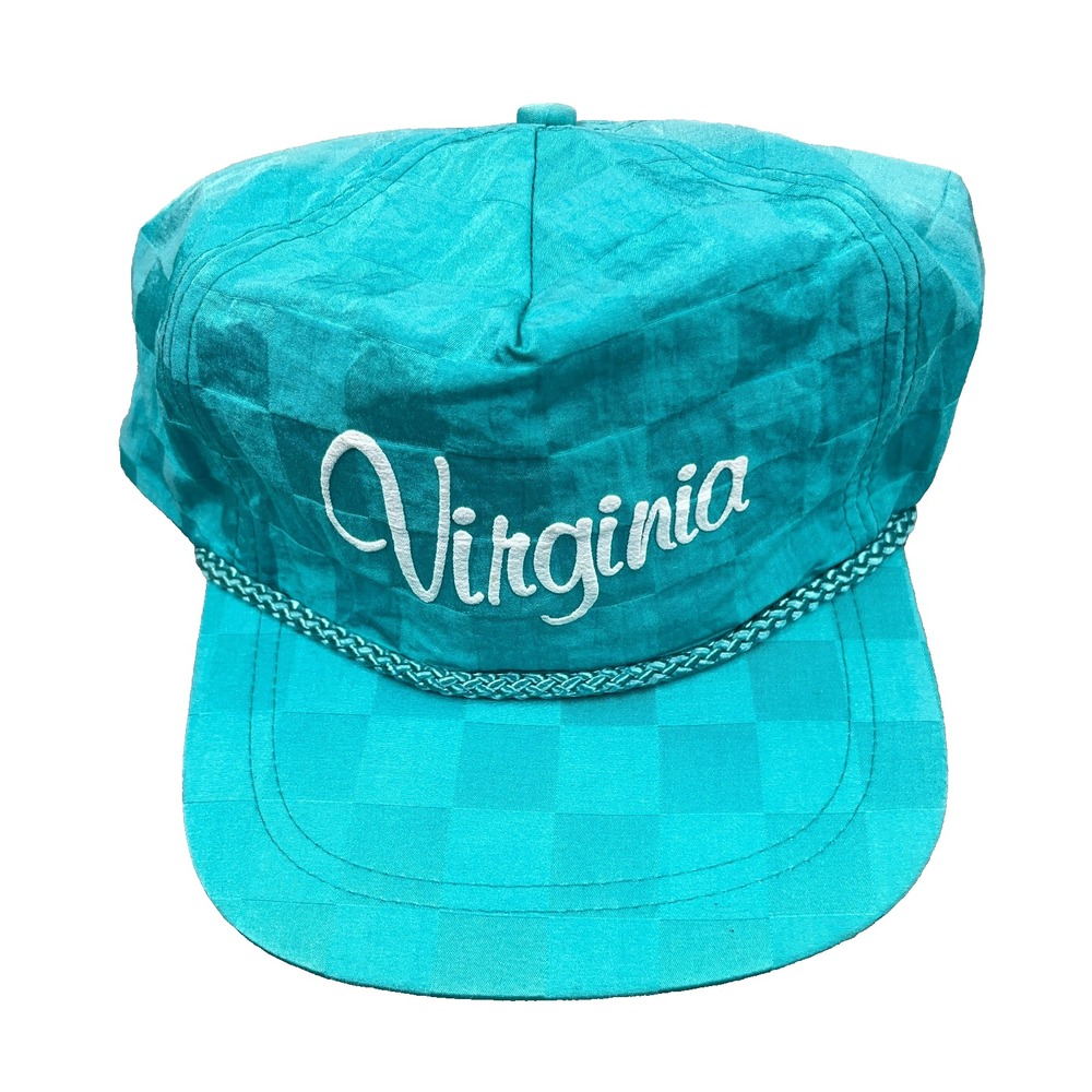 Vintage Virginia Trucker Hat Cap Strap Back Teal Nylon 90s Checkered Golf AI5